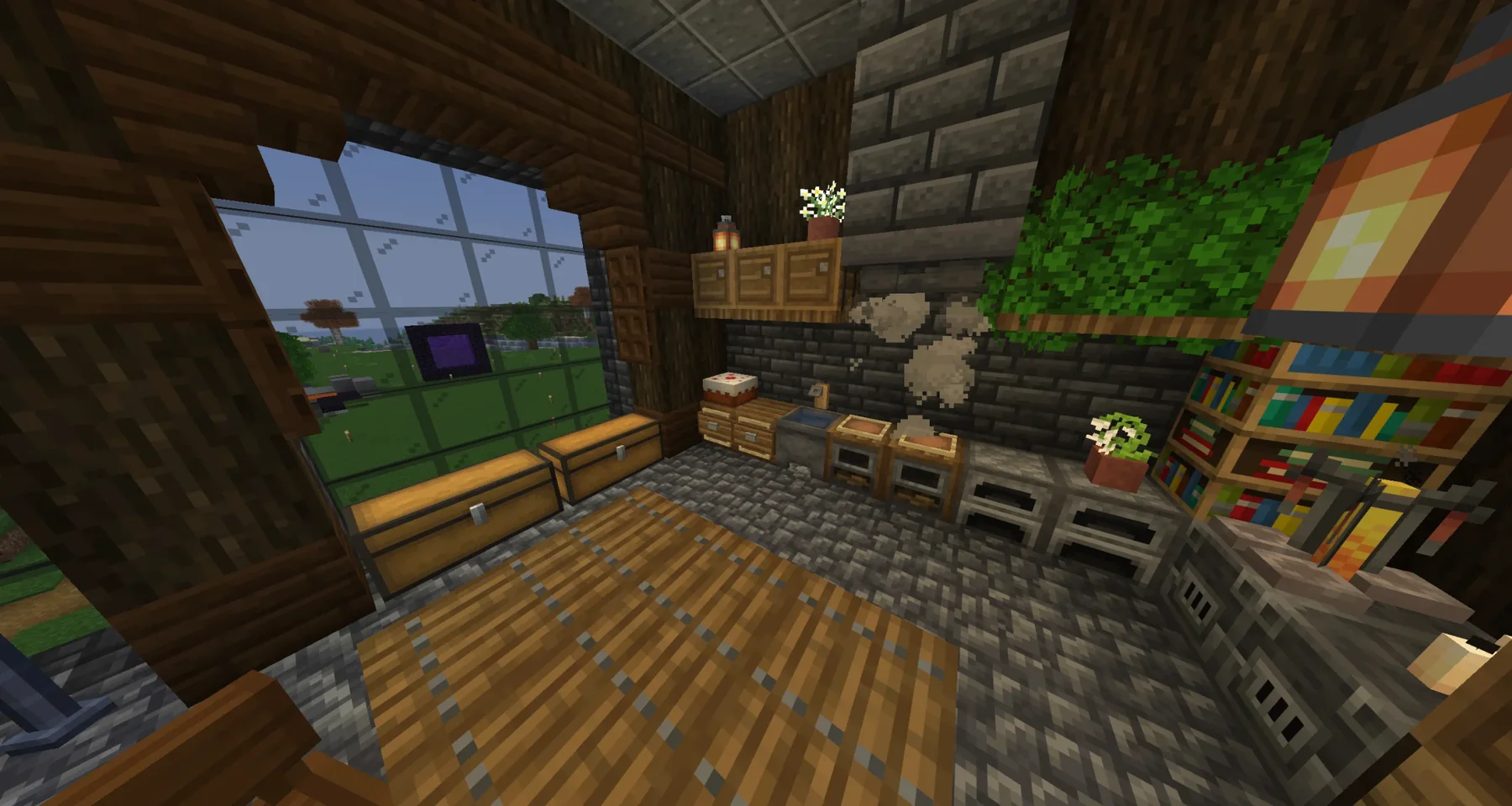 Cozy BambiSMP kitchen with wooden cabinets, bookshelves, plants, and a cake