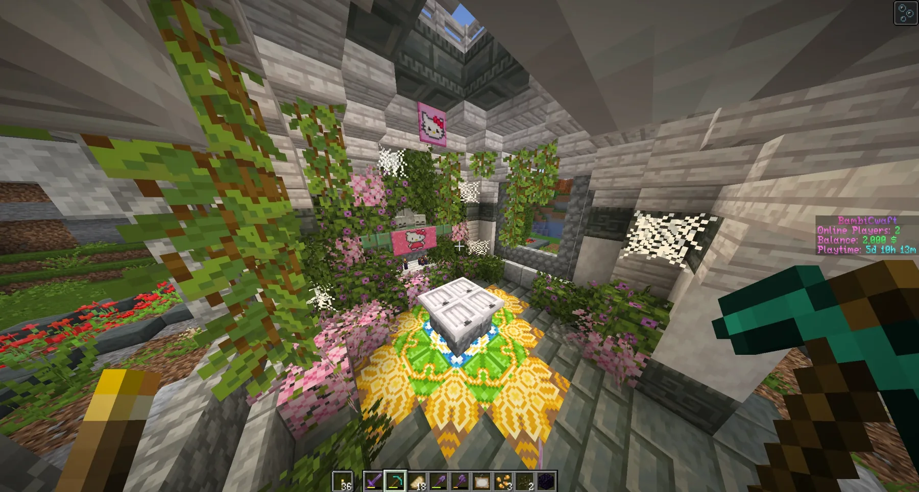 A player-built BambiSMP garden decorated with flowers, vines, and pink details