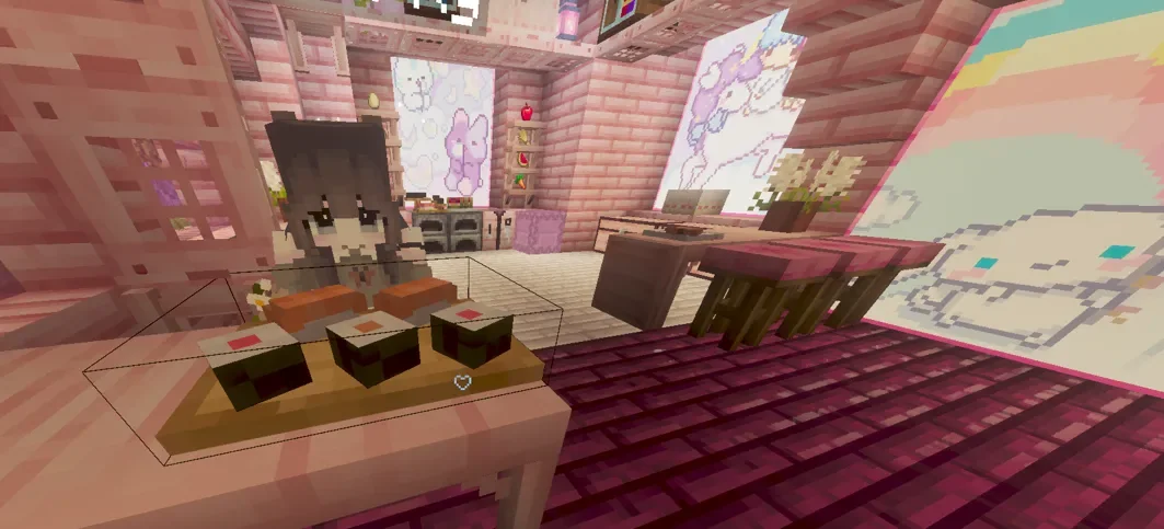 Pink café interior on BambiSMP with treats, pastel decorations, and a girl Minecraft skin